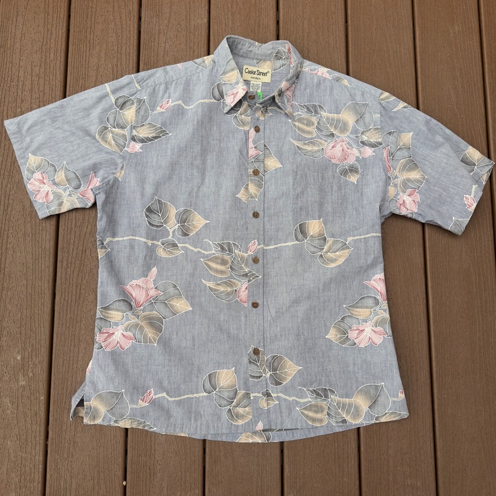 Cooke Street Mens Size L Hawaiian Shirt Tropical Aloha Reverse Print Cotton Grey